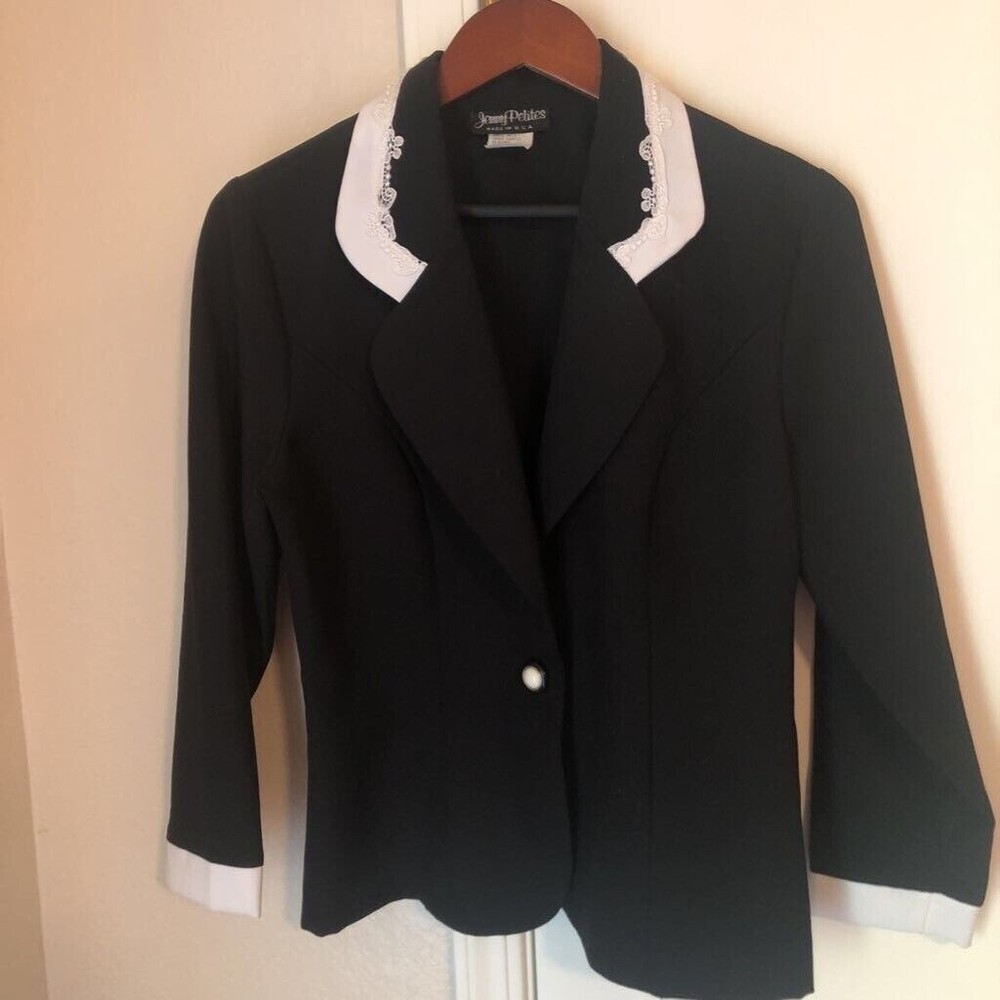 Jenny Petites Womens Blazer Jacket Black White Lace Collar Single Button USA 12